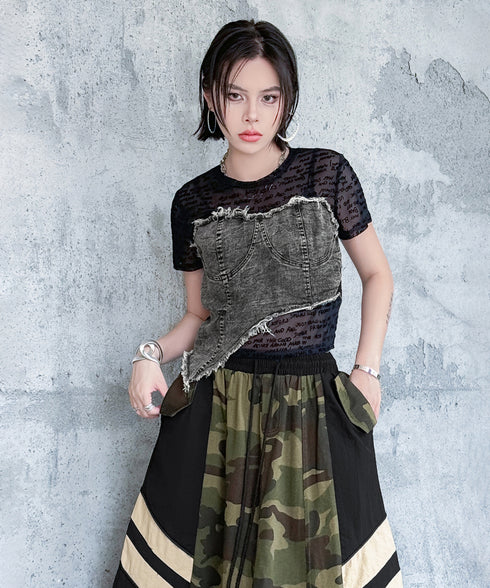 Denim Corset Mesh T-Shirts