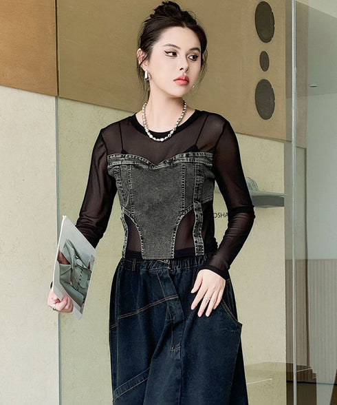 Denim Switch See-Through Top