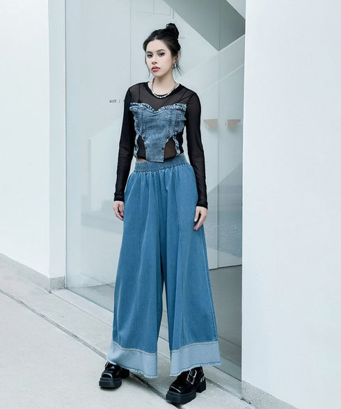 Stitch Contrast Color Wide Denim