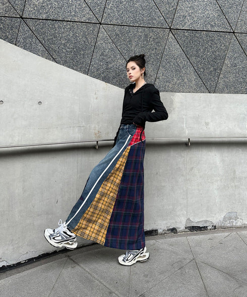 Denim Patchwork Check Skirt