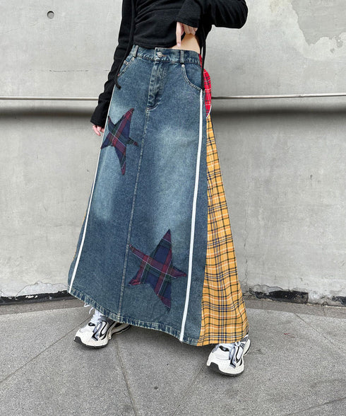 Denim Patchwork Check Skirt