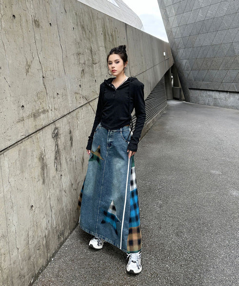 Denim Patchwork Check Skirt