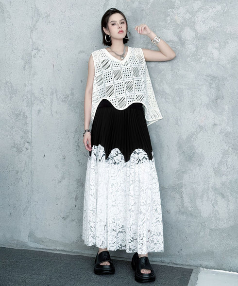 Bicolor Pleated Lace Skirt