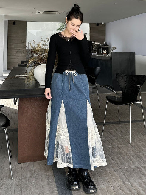 Cross Border Lace Denim Skirt