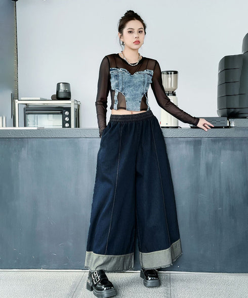 Stitch Contrast Color Wide Denim