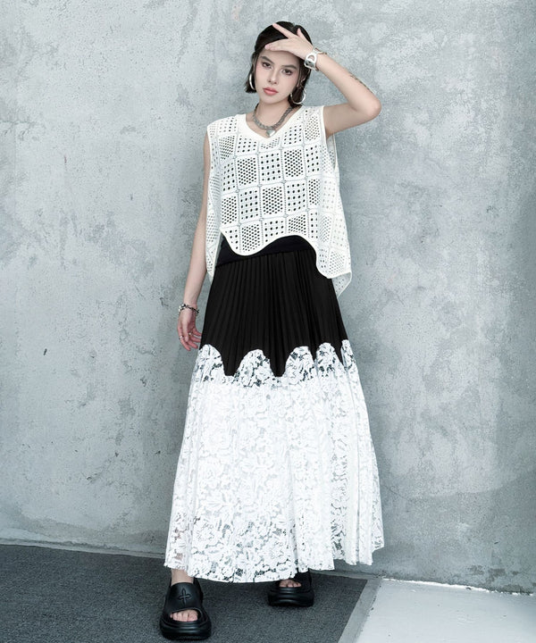 Bicolor Pleated Lace Skirt