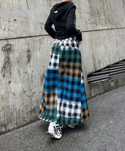 Denim Patchwork Check Skirt