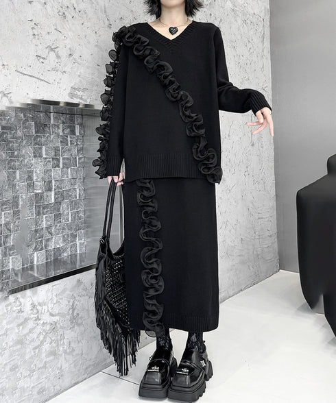 Ruffle Line Sweater & Skirt