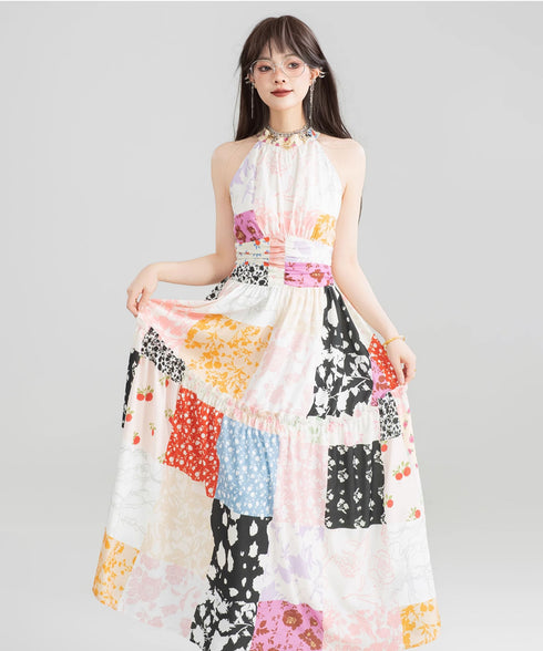 Patchwork Halter Maxi Dress