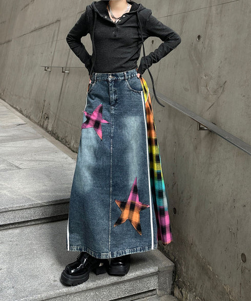 Denim Patchwork Check Skirt