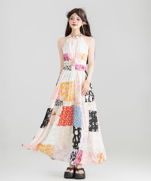 Patchwork Halter Maxi Dress