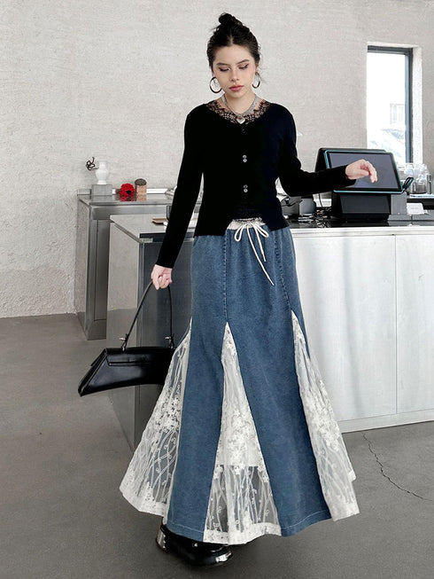 Cross Border Lace Denim Skirt