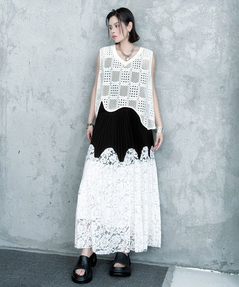 Bicolor Pleated Lace Skirt