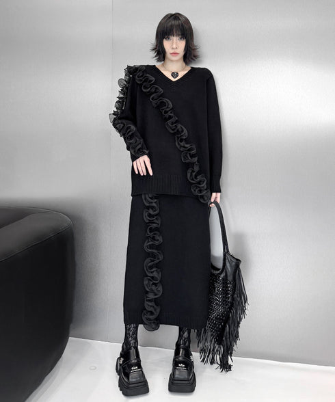 Ruffle Line Sweater & Skirt