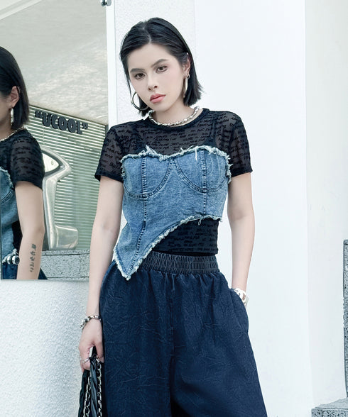 Denim Corset Mesh T-Shirts