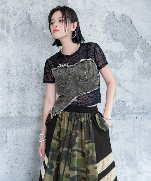 Denim Corset Mesh T-Shirts