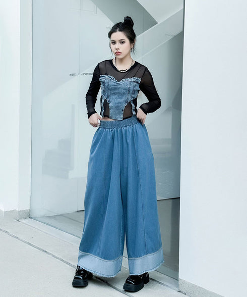 Stitch Contrast Color Wide Denim