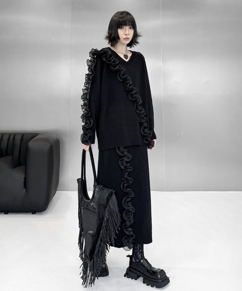 Ruffle Line Sweater & Skirt