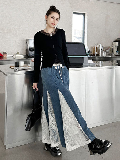 Cross Border Lace Denim Skirt