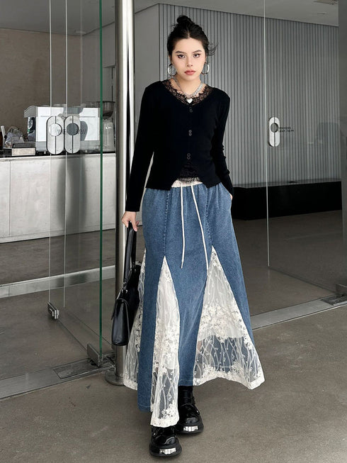 Cross Border Lace Denim Skirt