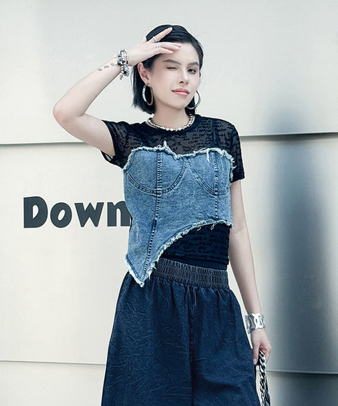 Denim Corset Mesh T-Shirts