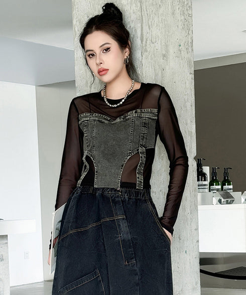 Denim Switch See-Through Top