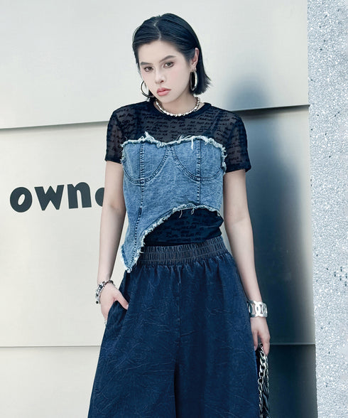 Denim Corset Mesh T-Shirts