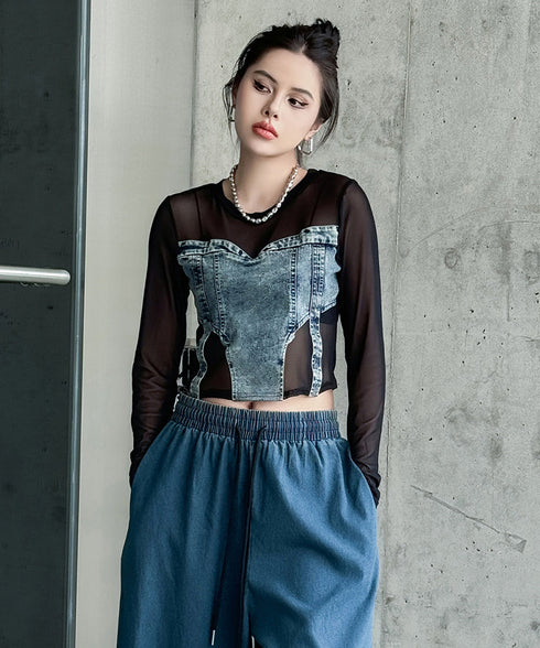 Denim Switch See-Through Top