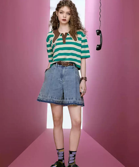 Stripe Collar Polo Top