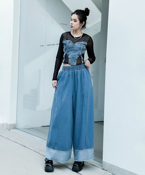 Stitch Contrast Color Wide Denim