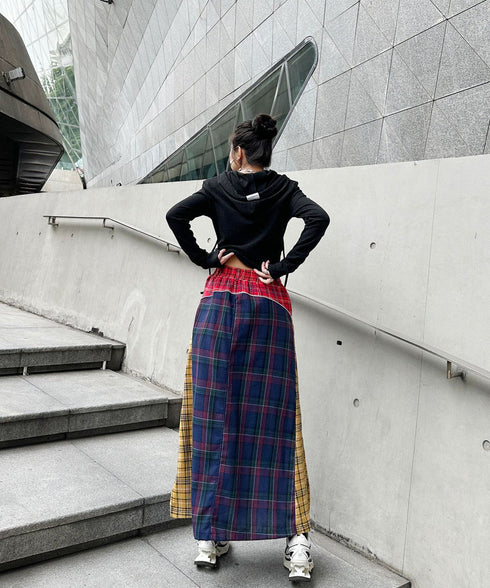 Denim Patchwork Check Skirt