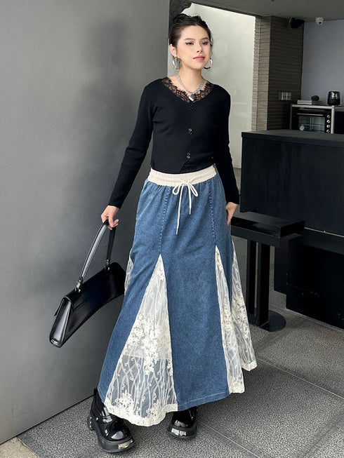 Cross Border Lace Denim Skirt