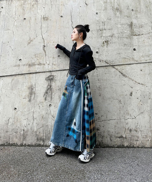 Denim Patchwork Check Skirt