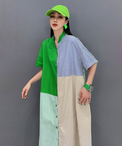 Patchwork Stripe Shirt Dress