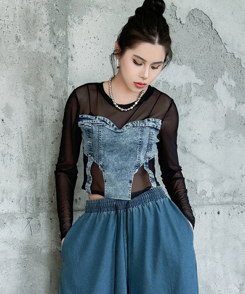 Denim Switch See-Through Top