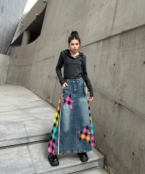 Denim Patchwork Check Skirt