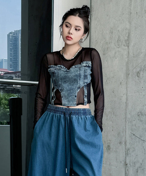 Denim Switch See-Through Top