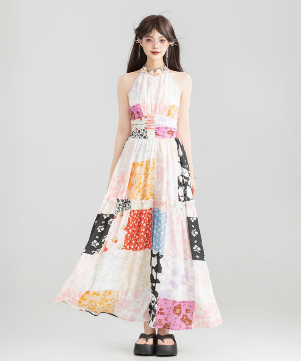 Patchwork Halter Maxi Dress