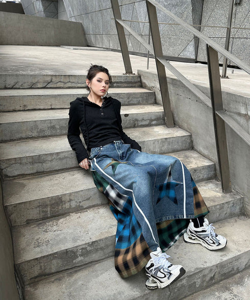 Denim Patchwork Check Skirt