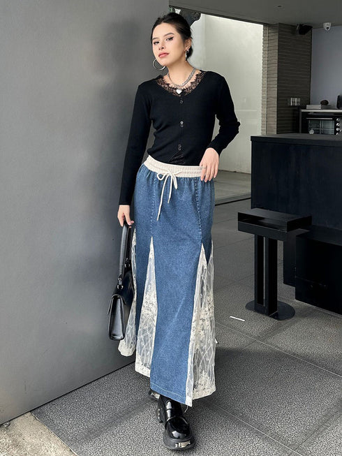Cross Border Lace Denim Skirt