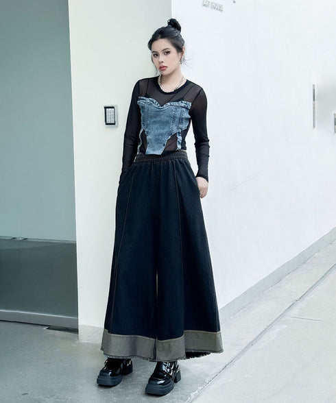 Stitch Contrast Color Wide Denim