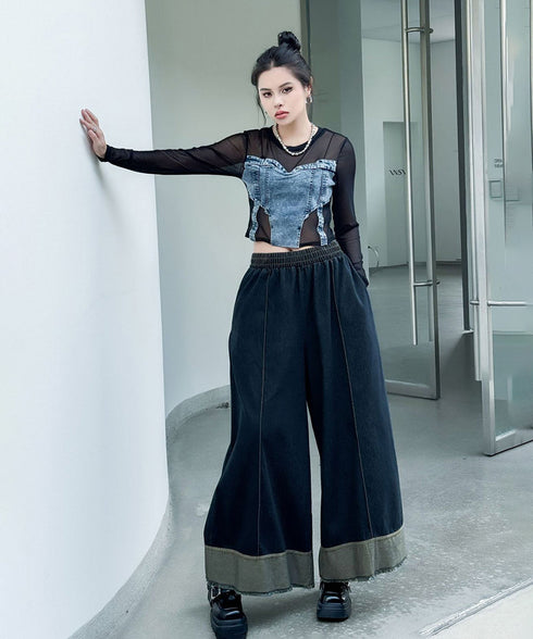 Stitch Contrast Color Wide Denim