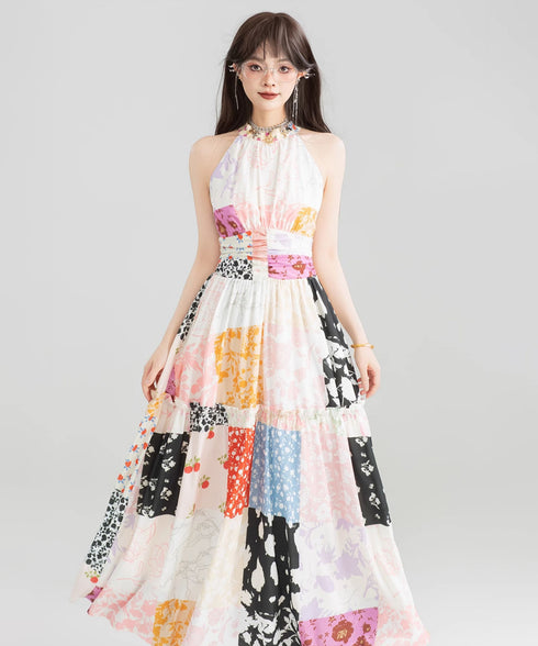 Patchwork Halter Maxi Dress