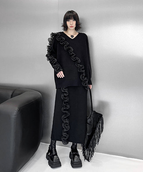 Ruffle Line Sweater & Skirt