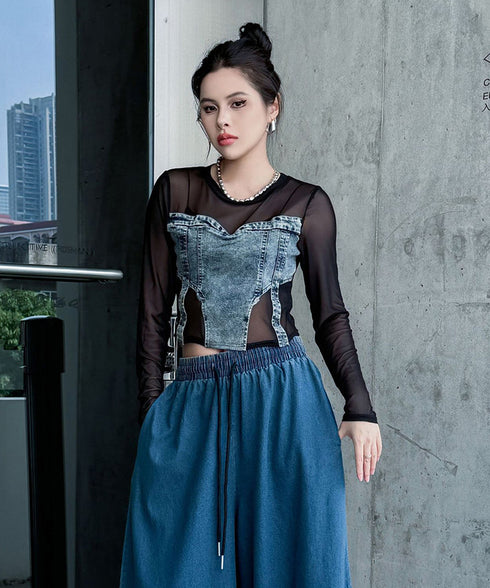 Denim Switch See-Through Top