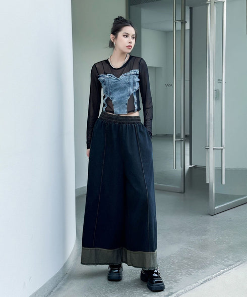 Stitch Contrast Color Wide Denim