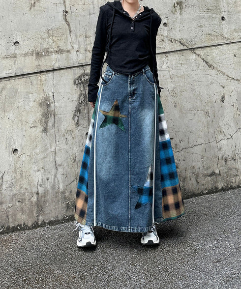 Denim Patchwork Check Skirt