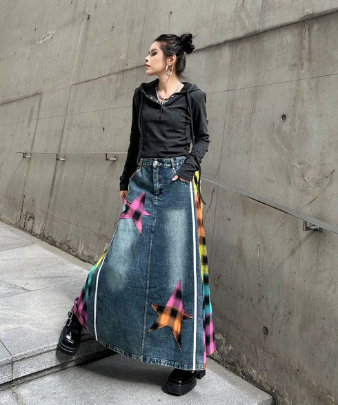 Denim Patchwork Check Skirt