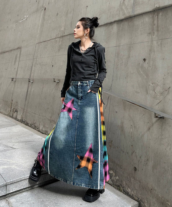 Denim Patchwork Check Skirt