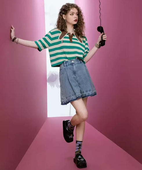 Stripe Collar Polo Top